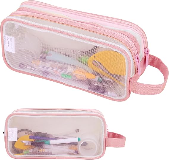 Lancry Clear Pencil Case, Large See Through Pencil Case with 2 Compartments for Boys, Girls & Women, Transparent Mesh Pouch for Stationery, Makeup, Travel & Office Supplies (Pink)