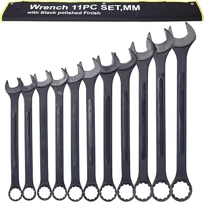 11PC Oversized Metric Combo Wrench Set 3450mm, Industrial-Grade Chrome Vanadium Large Wrenches for Construction & Farm Equipment, Includes Reinforced Roll-Up Storage Bag Black Oxide