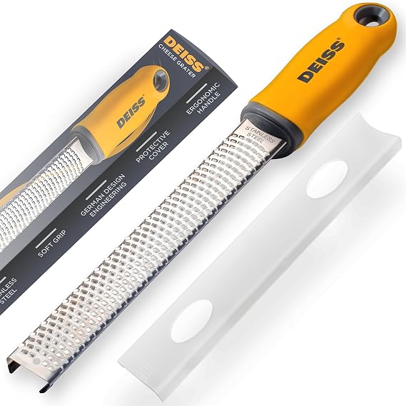 Deiss PRO Citrus Zester & Cheese Grater Parmesan Cheese Lemon, Ginger, Garlic, Nutmeg, Chocolate, Vegetables, Fruits - Razor-Sharp Stainless Steel Blade, Wide, Dishwasher Safe