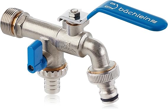 Bächlein Universal Double Outlet Tap for the Garden [Blue] incl. 2 Hose Connections - Noble Double Water Tap with 1/2 and 3/4 Inch Connection, Double Ball Outlet Valve