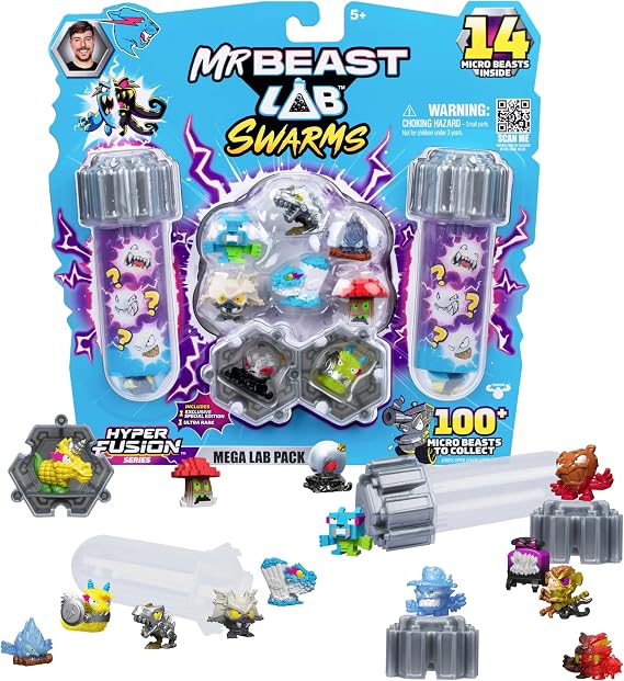 Build MrBeast Lab Swarms Series 3, Hyperfusion Series, 14 Pack Collectible Micro Beast Pack, 14 Collectible Stickers and 4 Fusion Caps - Septic Tank Snow Globe