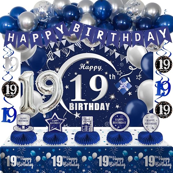 19th Birthday Decorations for Boys Girls, 54 PCS Happy 19 Balloon Numbers Set for Boys, Blue 19 Year Old Birthday Party Supplies with Bday Tablecloth Banner Honeycomb Centerpieces Hanging Swirls