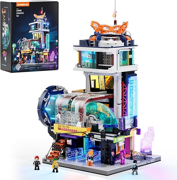 Lumibricks Cyberpunk Floating-Train-Station Lighting-Building-Bricks Set - Cyberpunk City Future Levitation Train Station Street View Collection LED Light Model 2760 Pcs for Adults and Sci-fi Lovers