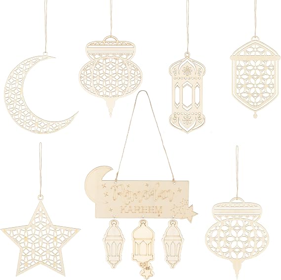 7Pcs Ramadan Kareem Wooden Ornaments Star Moon Lantern Shape Hanging Plaque Sign Decoration Durable Mubarak Pendant DIY Indoor Outdoor Decorating for Eid Ramadan Decorations