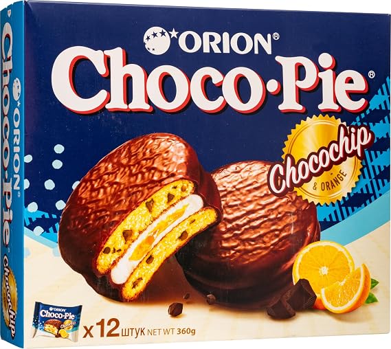 Choco Pie with Orange and Chocolate Chips, Chocolate Covered Marshmallow Chocochip Snack Cakes, Soft Sponge Sandwich Cookies with Orion Creamy Marshmallow Filling, Individually Wrapped Chocolate Biscuit Cakes, 12 Count, 360g / 12.7oz