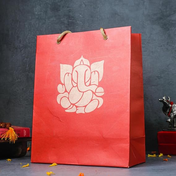 Red Ganesha Paper Gift Bags - Printed Indian Gifts Bags, Party Favor Bags, Goodie Bags, GSM Small Paper for Diwali, Pooja Favors, Housewarming, Wedding Return Gift Bags, 9.5x7.87x3.93 Inch (Pack of 4)
