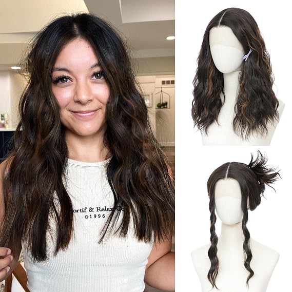 Brown Highlight Wigs for Women 18 Lace Middle Part Wavy Synthetic Wig