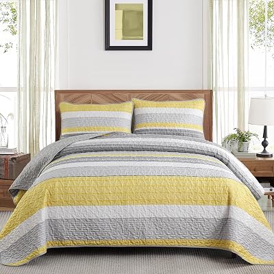 Quilt Set Queen Size, 3 Piece Fall Patchwork Striped Bedding Set, Summer Lightweight Soft Microfiber Bedspreads Coverlets Set with 2 Pillow Shams,Yellow and Grey and White Queen Quilts for All Season