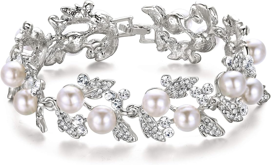 EVER FAITH Bridal Silver-Tone Simulated Pearl Flower Leaf Clear Austrian Crystal Bracelet