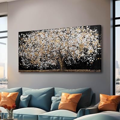 Gold Wall Decor Black Art Tree Wall Art for Living Room Canvas Painting Canvas Pistures Framed Modern Artwork for Home Kitchen 24x48