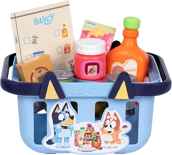 Bluey Shopping Basket, 9 Grocery Accessories, Toddler Pretend Play