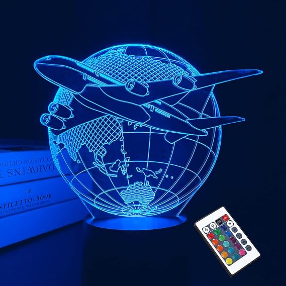 Airplane 3D Illusion Night Light LED Earth Table Lamp 16 Color Birthday Gifts for Boys Men Pilot Office Room Decoration