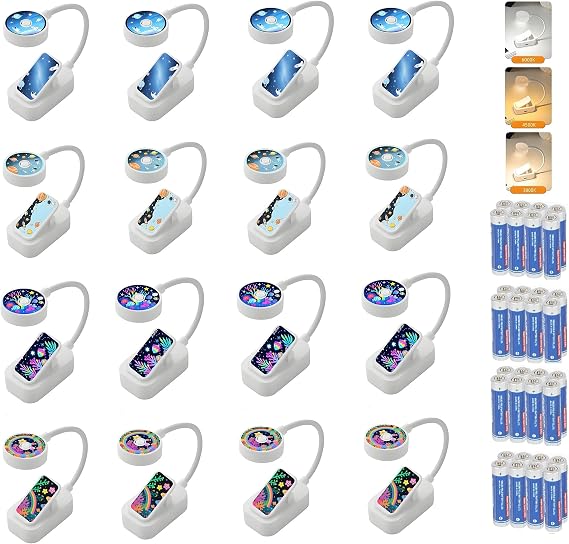 16 Pack Book Light Bulk for Reading in Bed， 3 Color Temperature Reading Light，Adjustable Brightness，Clip on to Book for Reading at Night (Multi-Colored, 16 Pack)
