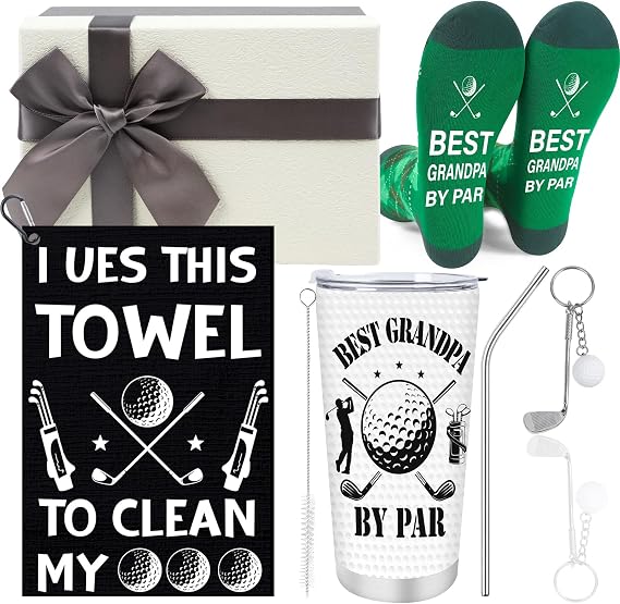 Keluna Golf Grandpa Christmas Gifts - 4Pcs Golfling Grandpa Gifts Set, 20oz Funny Golf Tumbler Socks Towel Keychain, Grandfather Birthday Retirement