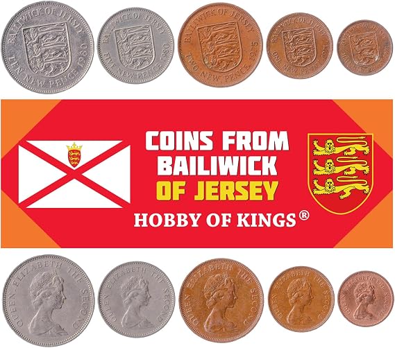 5 Coins from Jersey | Islander Coin Set Collection 1/2 1 2 5 10 New Pence | Circulated 1968-1980 | Lion | Elizabeth II | Leopard