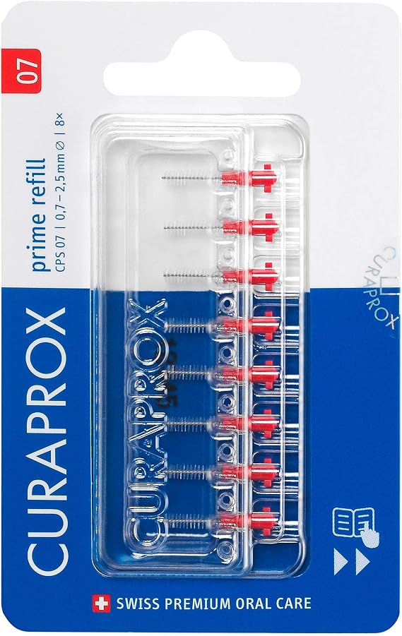 Curaprox Interdental Brush Refills CPS 07 Prime ISO Size 1, Red | Ultra-Fine Filaments for Effective Cleaning of Tight Gaps | 8-Pack | Swiss Made | English Packaging