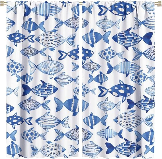 Boho Nautical Fish Blackout Curtains,Abstract Retro Sea Animal Fish Theme Window Treatments Rod Pocket Thermal Insulated Room Darkening Blackout Curtains for Bedroom 2 Panels 45L x 21W