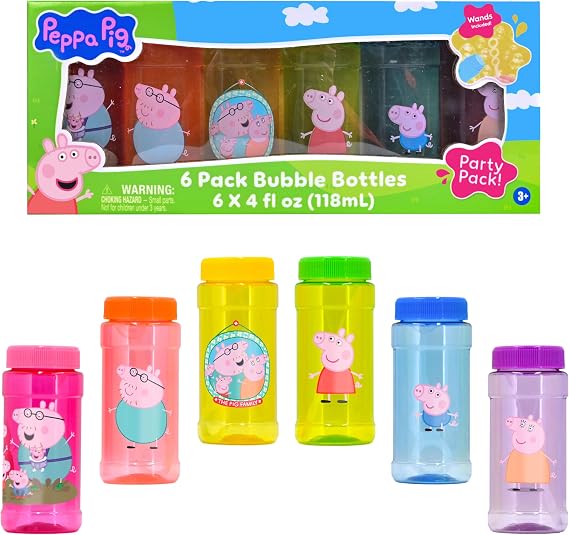 Peppa Pig Bubble Solution 6 Pack with Wands, Easy Grip Bottles for Kids, Party Favors, Easter Basket Stuffers, Birthday Gifts, Classroom Prizes, Carnival Rewards, Goody Bags