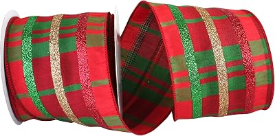 Reliant Ribbon Dupioni Plaid Classic Glitter Stripe Wired Edge Ribbon, 4 Inch X 10 Yards, Multi