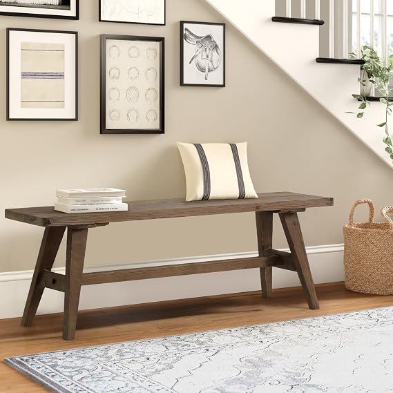 Wnutrees 47" Farmhouse Wood Bench, Solid Wood Entryway Bench, Brown