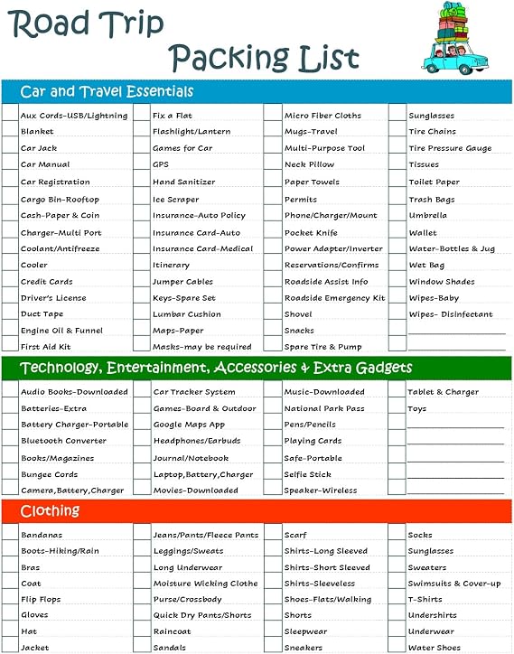 Ultimate Road Trip Planner Packing Checklist -Laminated & Double Sided - Never Forget Packing Items