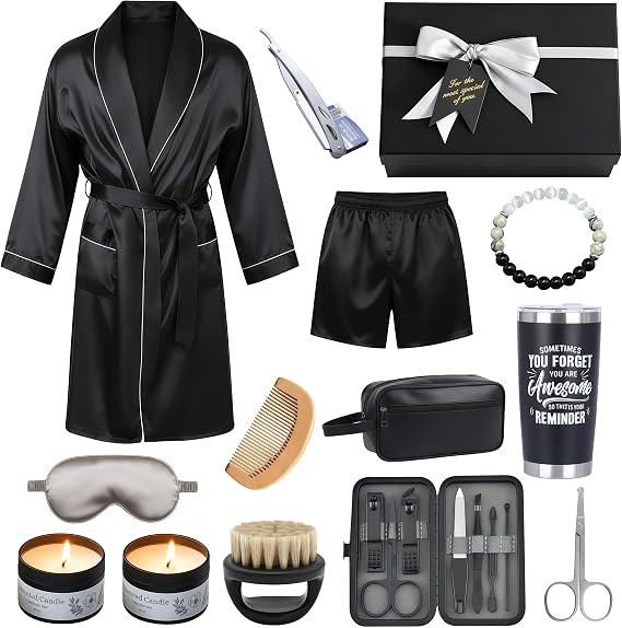15 Pcs Birthday Gifts for Men - Luxury Gifts Set for Dad Husband Boyfriend with Beard Care Kit, Tumbler, Bath Robe, Bracelet & Relaxation Essentials for Christmas, Valentines, Fathers Day