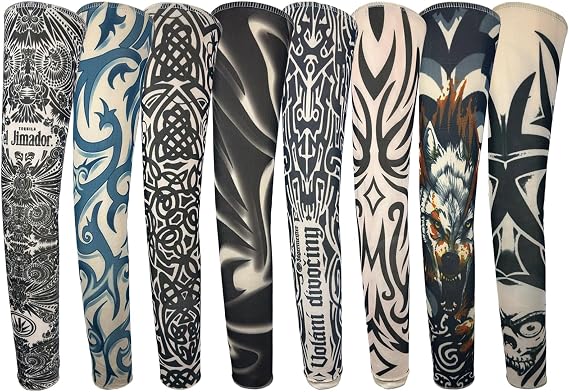 Fake Tattoo Sleeves for Men, 8 Pcs UV Protection Cooling Temporary Arm Buddha Dragon Flower Monster Tribal Sleeves