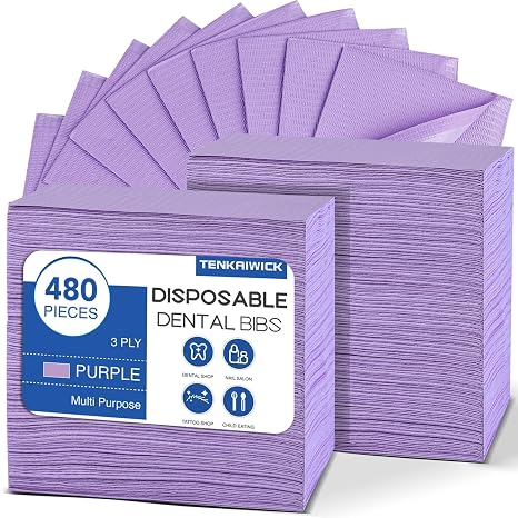 480 Pack Disposable Dental Bibs 13"x18", 3-Ply Waterproof Tattoo Bibs Sheet for Nail Salon, Dental Clinic, Feeding, Tattoo Shop (Purple)
