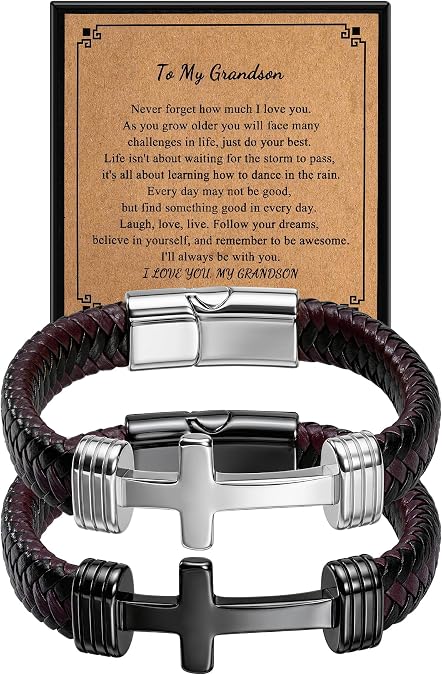 Romass 2Pcs Cross Cuff Leather Bracelet for Men, Stainless Steel Black Silver Gold Crosses Jewelry, Gift for Birthday Christmas Graduation
