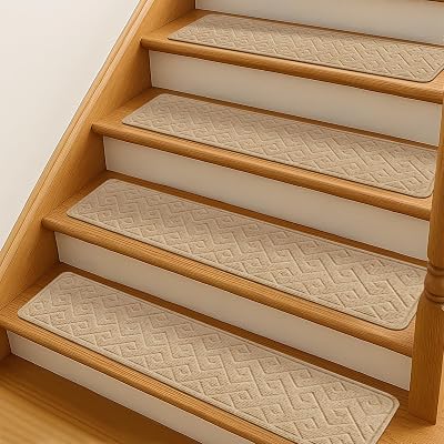 Stair Treads for Wooden Steps, 8 X 30 Non Slip Stair Runner Carpet Indoor with Reusable Adhesive Backing, Soft Tread Mat for Stairs, Ideal for Home, Polyester TPR Backing Stair Rugs-Beige 15 Pack