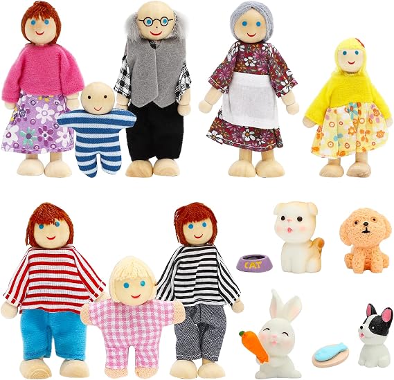 ONEST 15 Pieces Wooden Dollhouse Family Set Mini People Figures Sets Dollhouse Dolls Wooden Doll Family Pretend Play Figures Accessories for Pretend Doll House Toy