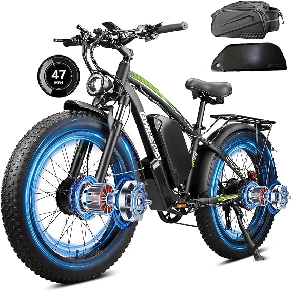 Dual Motor Electric Bike 9000W Peak with 2Pcs 58V Max-Output 36AH Battery for Adults: 24" Fat Tire Smart Display Bike 47MPH 35-105Miles Ebike with Frame Bag (Green)