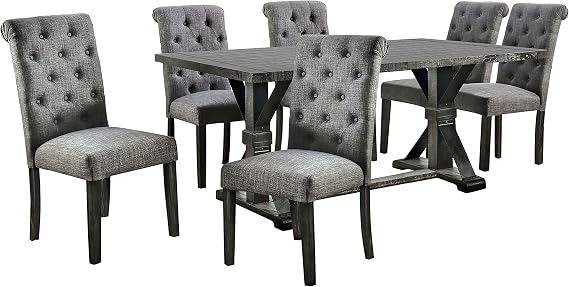 HOMES: INSIDE + OUT Carpinero Farmhouse Wood 7-Piece Dining Set, Rectangle Trestle Table with 6 Fabric Upholstered Tufted Side Chairs for Dining Room, Kitchen, Gray