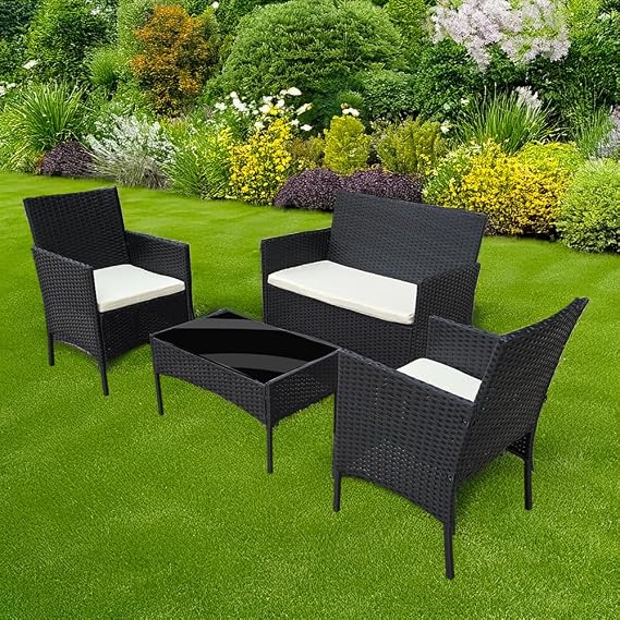 shine planet 4 Seater Garden Patio Furniture Set Rattan Garden Furniture with sponge padded water resistant cushions and Tempered Glass Table good for Garden, Backyard (Black +Beige Cushions)
