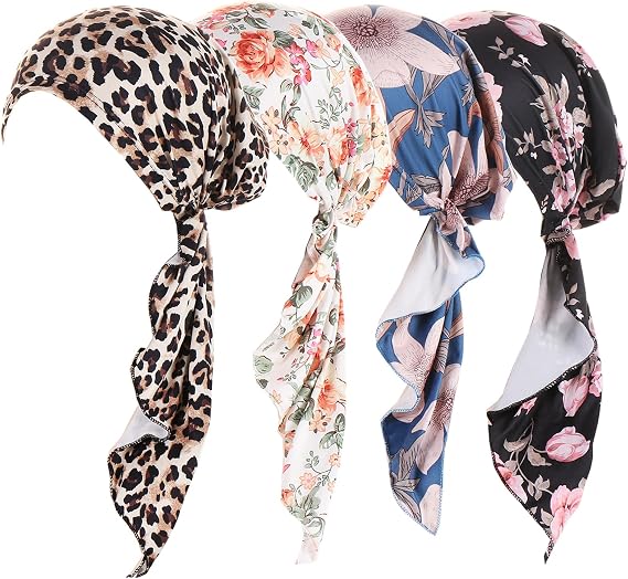4 Pieces Womens Cotton Soft Print Turban Hat Cancer Chemo Beanies Bonnet Caps Pre-Tied Scarf Headwear Headwrap