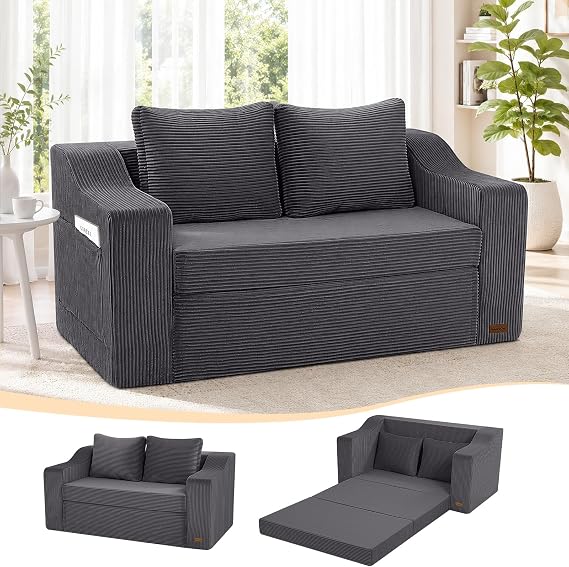 MeMoreCool Convertible Sofa Bed, Folding Boneless Floor Couch, Grey | Corduroy 2 In 1 Pull Out Boneless Loveseat Couch With Pillows, No Assembly Guest Bed For Small Spaces, Flats, Bedrooms