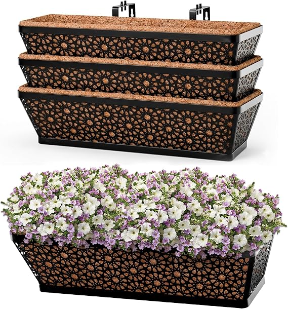 Halatool 30 Inch 4 Pack Large Railing Planter Box with Coco Liner