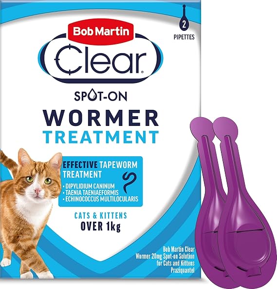 Bob Martin Clear | Spot On Wormer for Cats & Kittens | 100% Effective Tapeworm Treatment (2 Pipettes)
