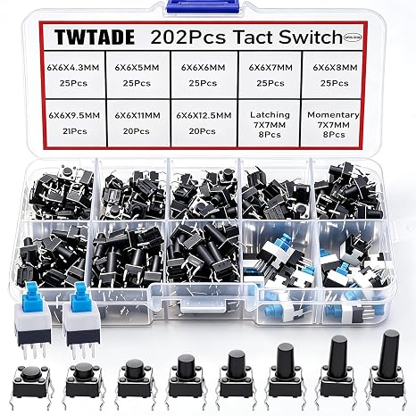 TWTADE 202PCS Micro Momentary Tactile Push Button Switch Assortment Kit 10 Values 4 Pin/6Pin 6x6mm & 7x7mm Tact Switches