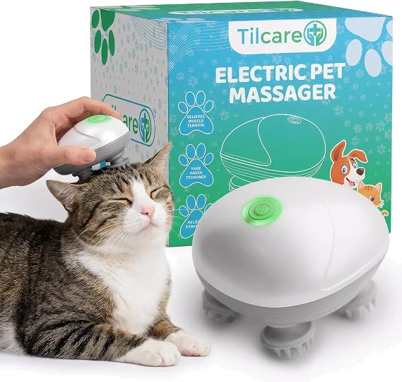 Tilcare Handheld Pet Massager for Dogs and Cats Electric Cat and Dog Massage Tool - Head and Back Scratcher for Relieving Tension, Tight Muscles and Stiffness with Four Rotating Massage Heads