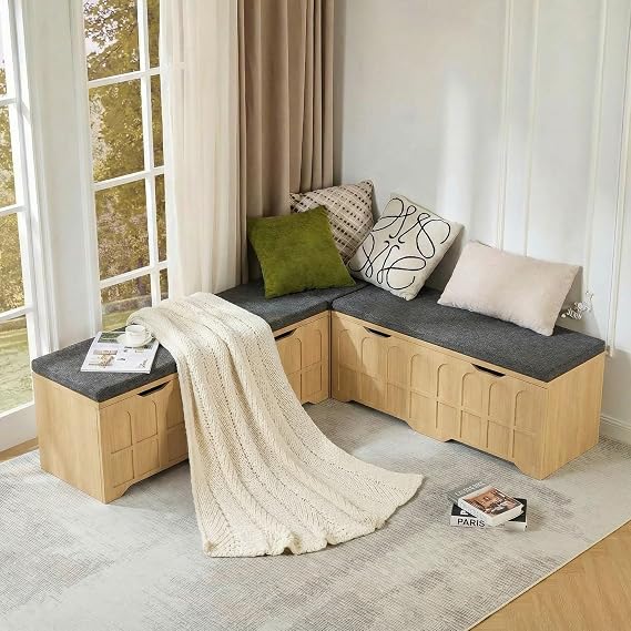 63" L-Shaped Bench with Cushion & Arched Doors, Breakfast Nook Benches with Hidden Storage, Kitchen Corner Dining Bench Seating for Entryway, Dining Room Kitchen, Natural Oak