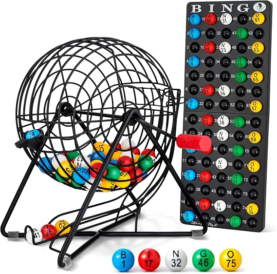MR CHIPS 11" (Inch) Tall Professional Bingo Set with Steel Cage, Everlasting 7/8 Balls, Master Board for Balls - Mysterious Black Color