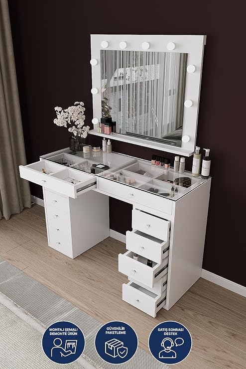 DF02115B LED Işıklı Aynalı Makyaj Masası Tabureli, Bölmeli 12 Çekmeceli Organizer Kozmetik Masası