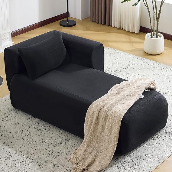 Bezseller Upholstered Boucle Chaise Lounge Indoor, Black | Comfy Lounge Sofa, Modern Leisure Sleeper Sofa with Pillows, Recliner Chair Indoor for Living Room Bedroom Office