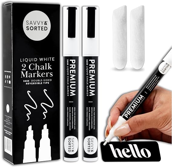 SAVVY & SORTED Erasable White Chalk Markers, 2PK 3mm Liquid Fine Tip Pens Chalkboard Bistro Marker for Glass Window Board