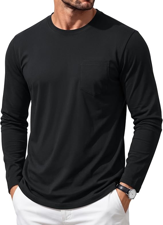 Cotrasen Men's Long Sleeve Shirts Cotton Crew Neck Casual Pocket T Shirts
