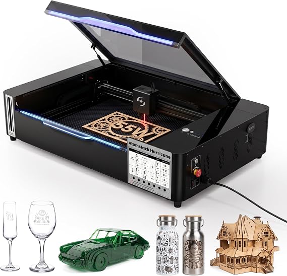 AtomStack Hurricane CO2 Laser Engraver Machine 55W (55,000mW) - Large 19.6 x 11.8 Workspace - Cutting and Engraving Wood, Leather, Clear Acrylic & Glass - Autofocus, AI Batch Mode, 5MP Camera