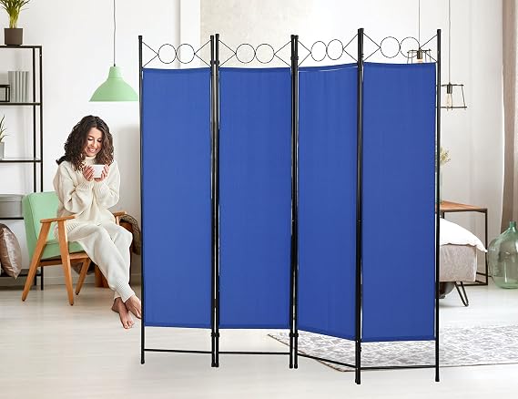 Room Divider 4 Panel Folding Privacy Screens Freestanding Partition Privacy Screen 5.6Ft Fabric Panel Room Divider Foldable Privacy Screen Divider Portable Steel Frame Screen for Office Blue