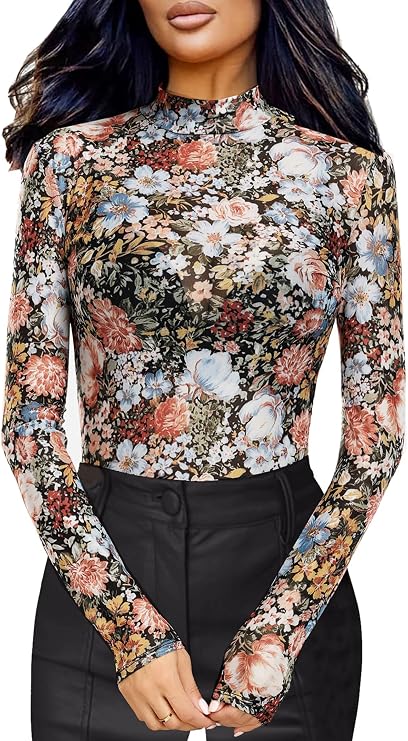 BemorRun Floral Mesh Long Sleeve Tops for Women Mock Neck See Through Fitted Sexy Going Out Top