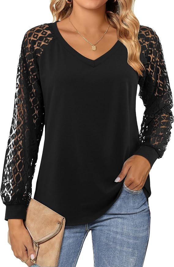 Beluring Womens Lace Long Sleeve Tops Plain V Neck T Shirts Loose Casual Blouse Dressy Tunic Shirt